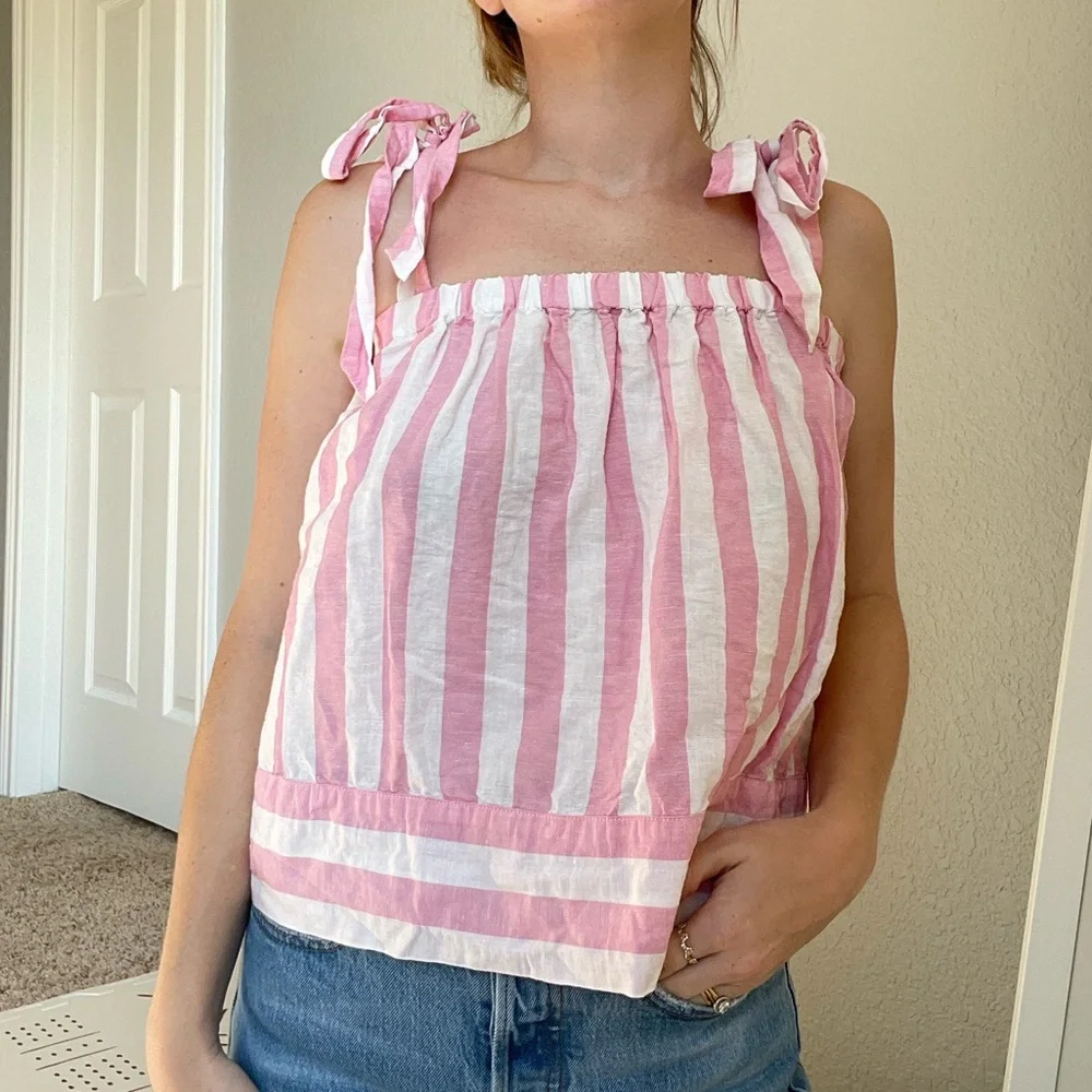 J.Crew Pink Striped Linen Tie Strap Tank Top